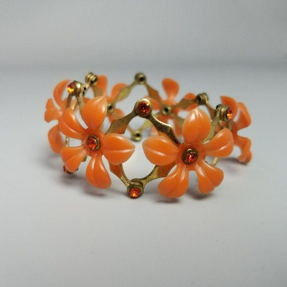 Vintage Orange Plastic Flower Rhinestone Expansion Stretch Bangle Bracelet Retro - Picture 2 of 9